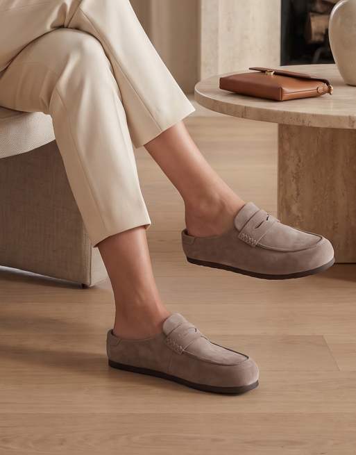 SEQWL Flat backless loafer clogs slip on mule shoes in taupe, 2 of 5