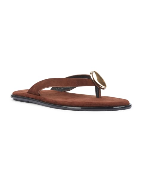 SEQWL Flat flip-flops thong sandals with gold disc hardware detail in chocolate - view 1