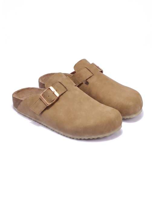 SEQWL Flat mule clogs open back slip ons with buckle detail in beige, 5 of 5