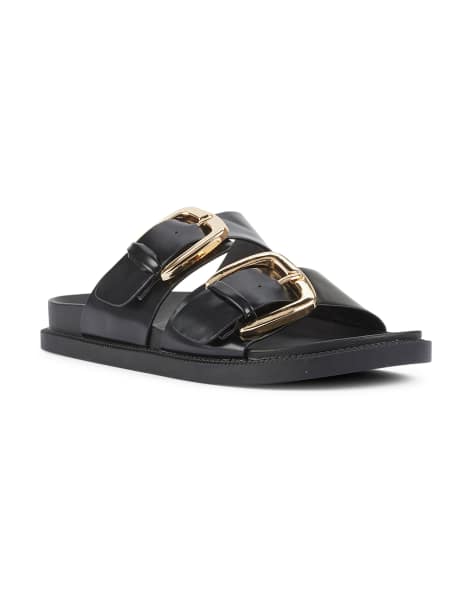 SEQWL Flat mule sandals double strap slides with buckle detail in black box - view 1