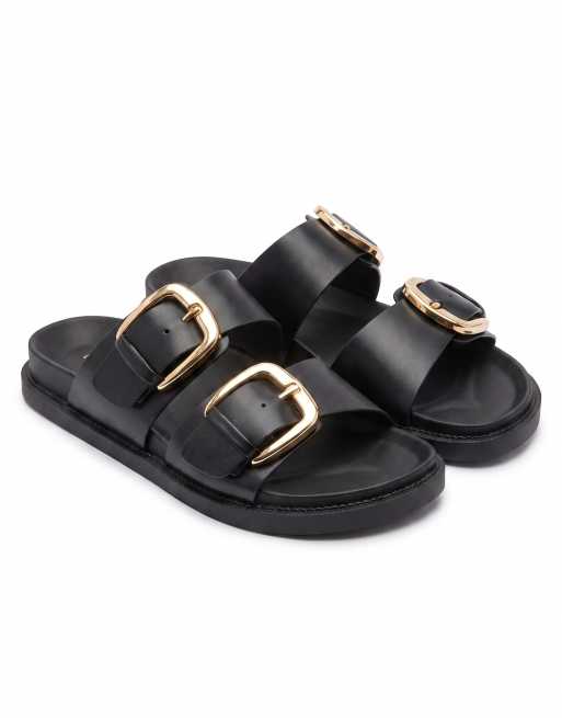 SEQWL Flat mule sandals double strap slides with buckle detail in black box, 5 of 5