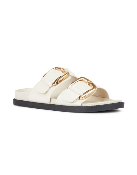 SEQWL Flat mule sandals double strap slides with buckle detail in bone box - view 1