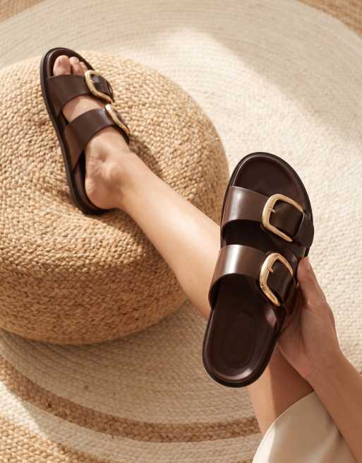 SEQWL Flat mule sandals double strap slides with buckle detail in brown box, 2 of 5
