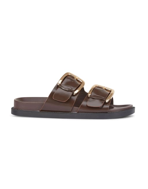 SEQWL Flat mule sandals double strap slides with buckle detail in brown box, 3 of 5
