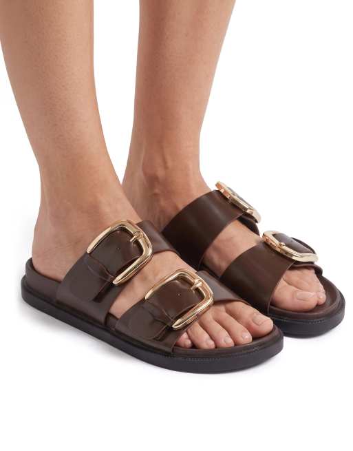 SEQWL Flat mule sandals double strap slides with buckle detail in brown box, 4 of 5
