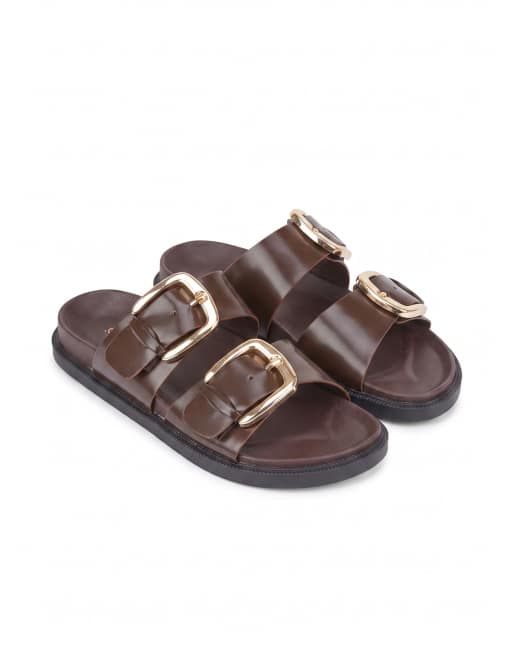 SEQWL Flat mule sandals double strap slides with buckle detail in brown box, 5 of 5