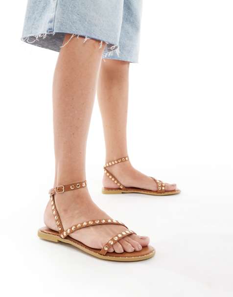 SEQWL flat sandals with studded straps in tan - view 1