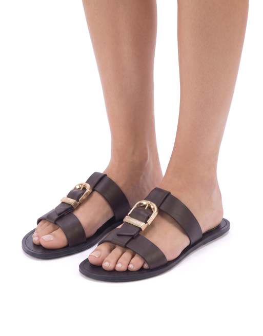 SEQWL Flat slide sandals double strap with buckle detail in chocolate, 4 of 5