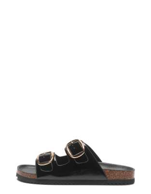  Flat slide sandals with buckle closure 