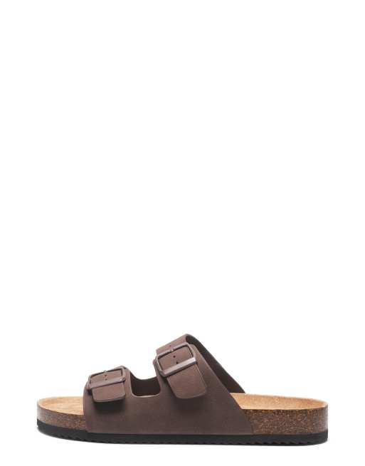 SEQWL Flat slide sandals with buckle closure in brown
