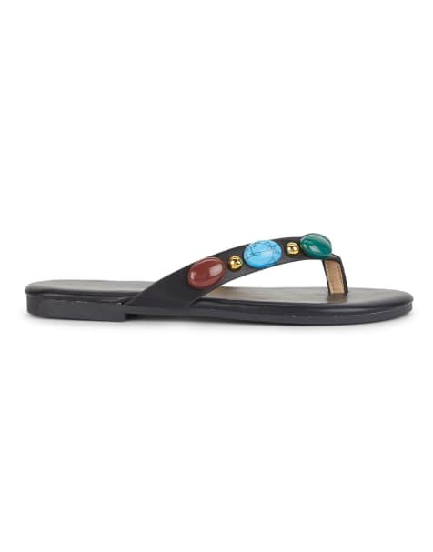 SEQWL Flat thong slide sandals with stone embellishments in black - view 1