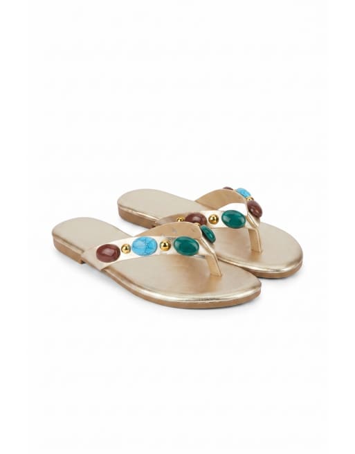 SEQWL Flat thong slide sandals with stone embellishments in gold, 5 of 5