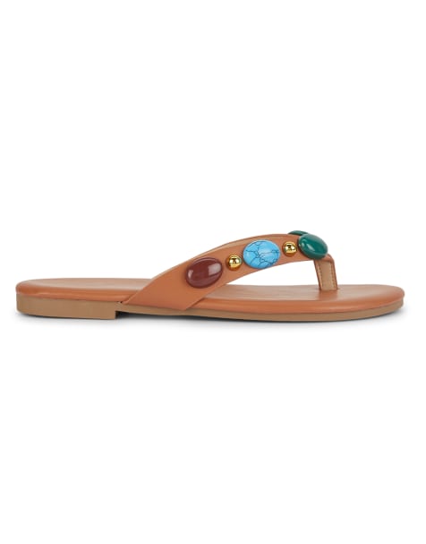 SEQWL Flat thong slide sandals with stone embellishments in tan - view 1
