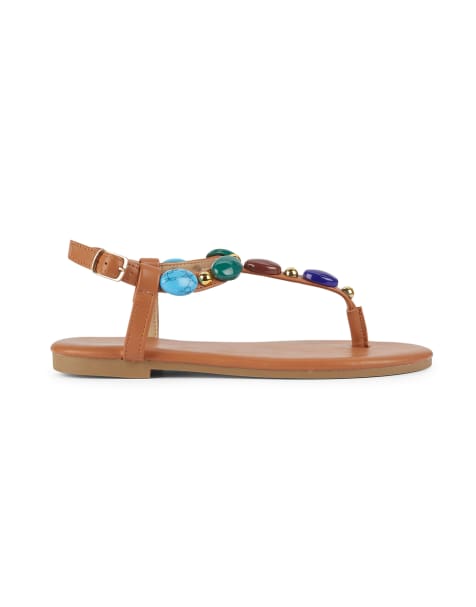 SEQWL Flat thong slide t-bar sandals with stone embellishments in tan - view 1