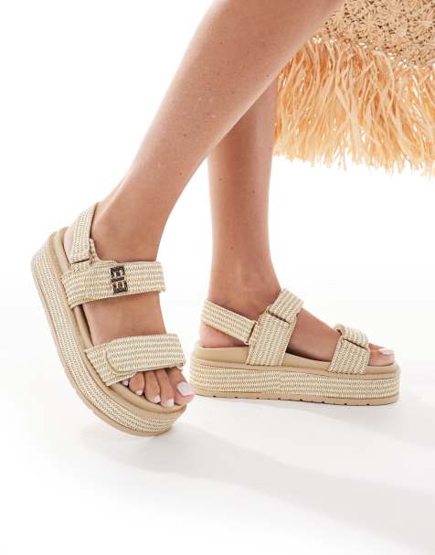 SEQWL flatform sandals with buckle details in natural raffia - view 1