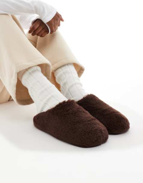 SEQWL fluffy mule slippers in chestnut - view 1