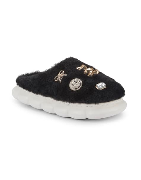 SEQWL Fluffy mule slippers warm slip ons with charm details in black - view 1