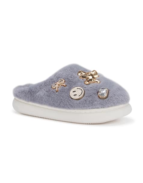SEQWL Fluffy mule slippers warm slip ons with charm details in grey - view 1
