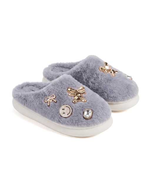 SEQWL Fluffy mule slippers warm slip ons with charm details in grey, 4 of 5