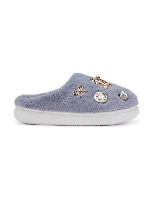 SEQWL Fluffy mule slippers warm slip ons with charm details in grey, 5 of 5