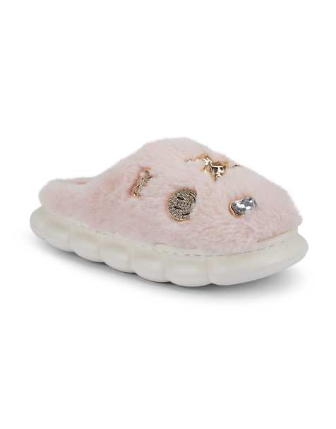 SEQWL Fluffy mule slippers warm slip ons with charm details in pink - view 1