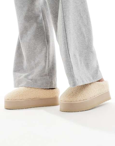 SEQWL fluffy teddy flatform mules in beige - view 1