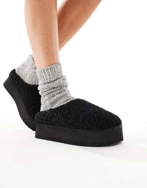 SEQWL fluffy teddy flatform mules in black - view 1