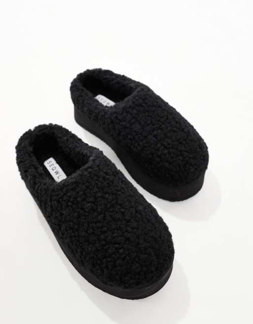 SEQWL fluffy teddy flatform mules in black , 2 of 4