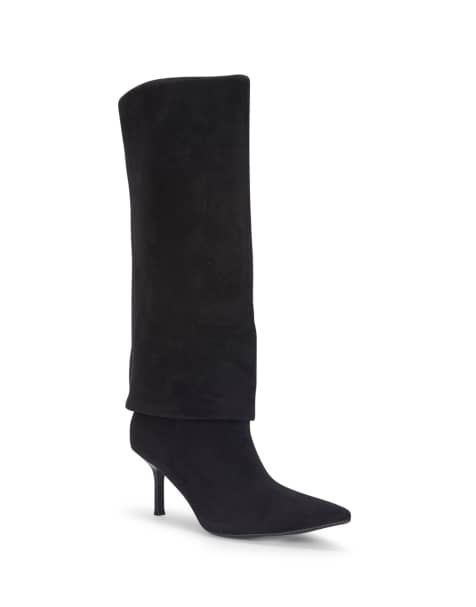 SEQWL Fold over knee high boots stiletto heels with pointed toe in black - view 1