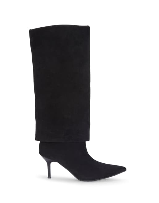 SEQWL Fold over knee high boots stiletto heels with pointed toe in black, 3 of 5