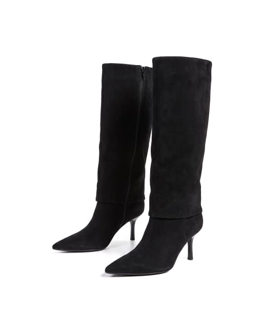 SEQWL Fold over knee high boots stiletto heels with pointed toe in black, 5 of 5
