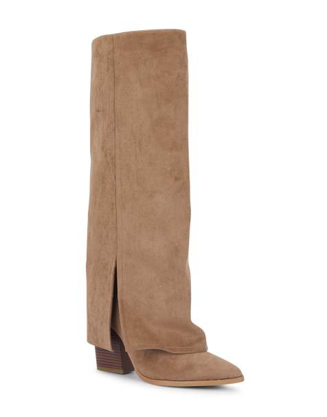 SEQWL Fold over knee high boots with pointed toe and block heel in taupe - view 1