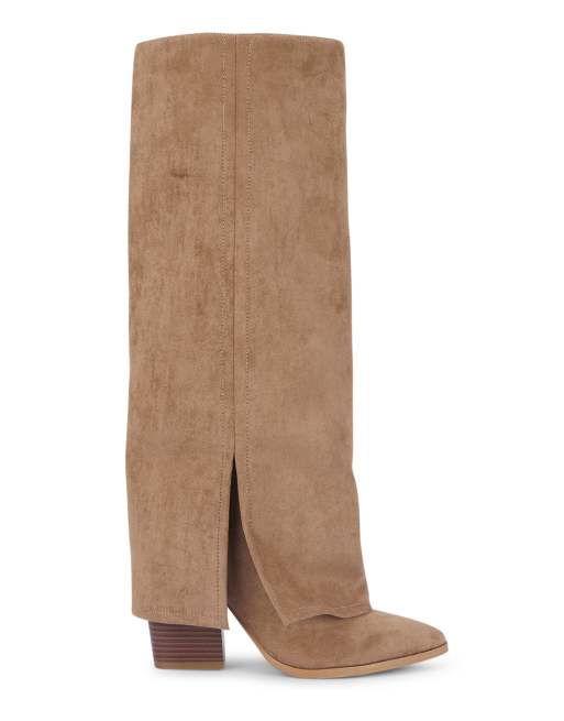 SEQWL Fold over knee high boots with pointed toe and block heel in taupe, 3 of 5