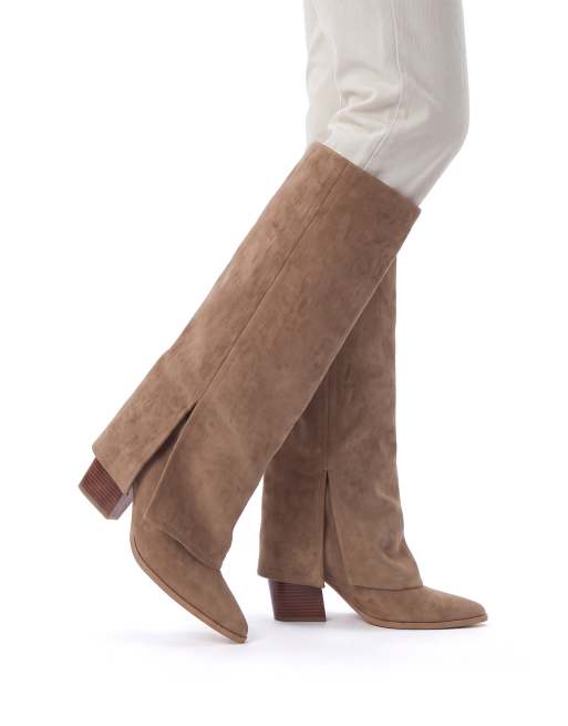 SEQWL Fold over knee high boots with pointed toe and block heel in taupe, 4 of 5