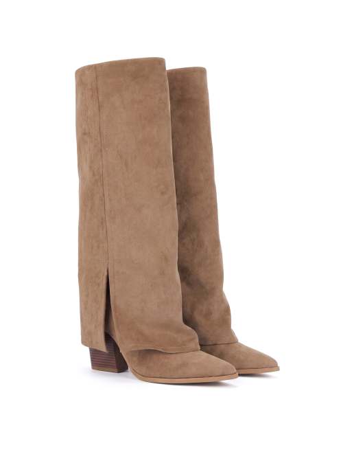 SEQWL Fold over knee high boots with pointed toe and block heel in taupe, 5 of 5