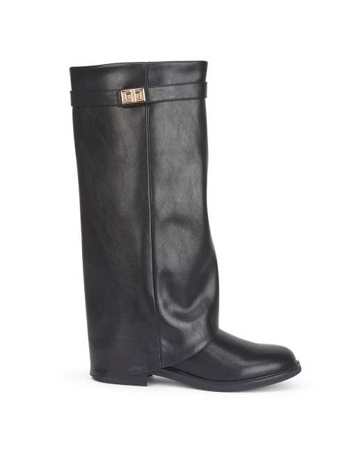 SEQWL Fold over knee high boots zipped with buckle detail in black, 3 of 5