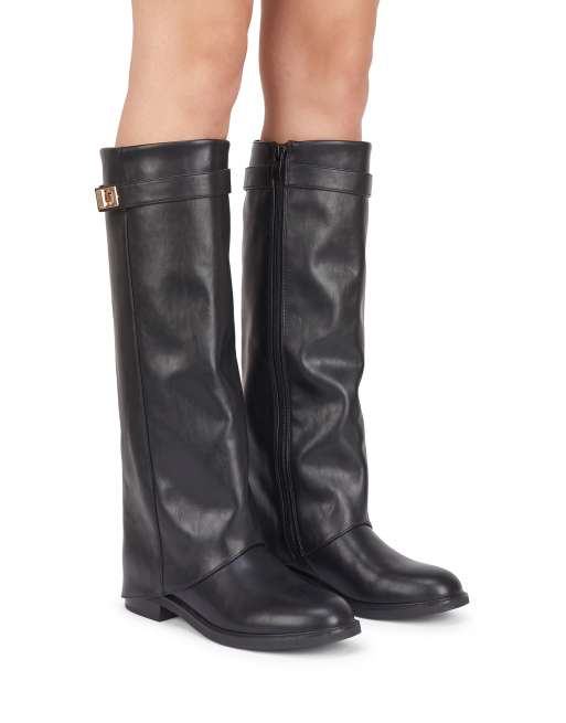 SEQWL Fold over knee high boots zipped with buckle detail in black, 4 of 5
