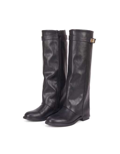 SEQWL Fold over knee high boots zipped with buckle detail in black, 5 of 5
