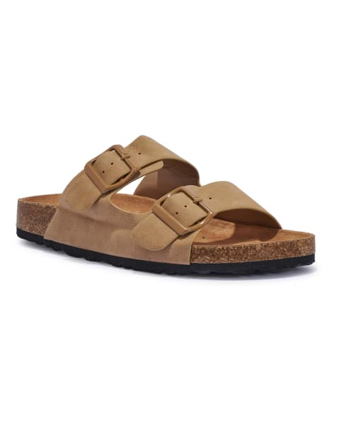 SEQWL Footbed sandals flat open toe with two buckle straps in taupe - view 1