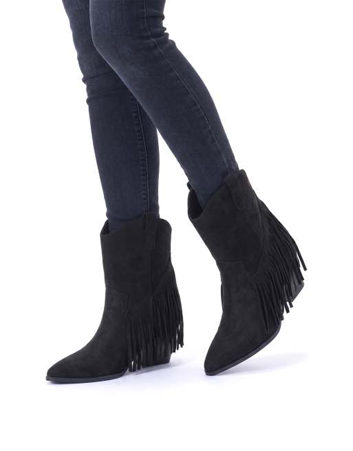 SEQWL Fringe western cowboy calf boots with side tassels in black, 4 of 4