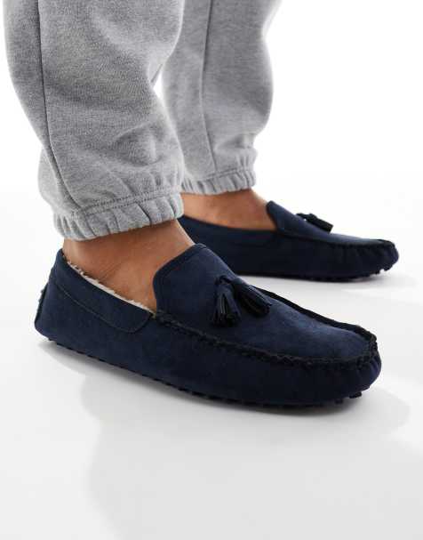 SEQWL fur lined ruched moccasins in navy - view 1