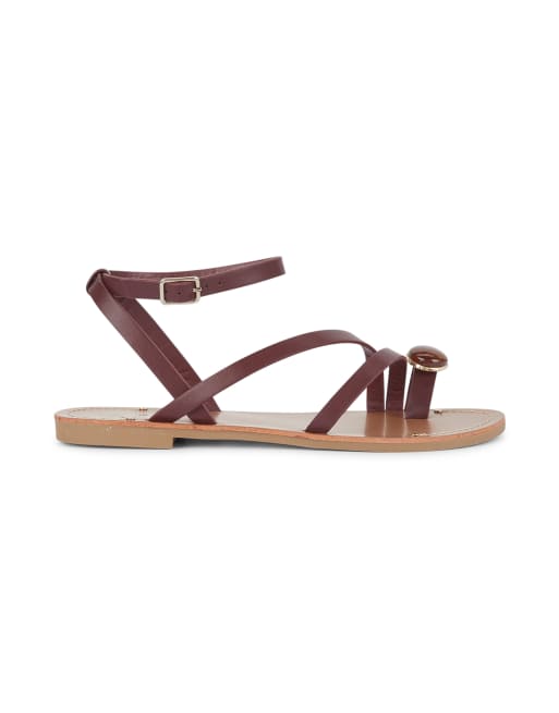 SEQWL Gladiator style sandals minimalist strappy with stone detail in burgundy, 3 of 5