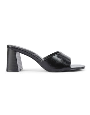  Heeled mules slip on sandals with mid height block heel 