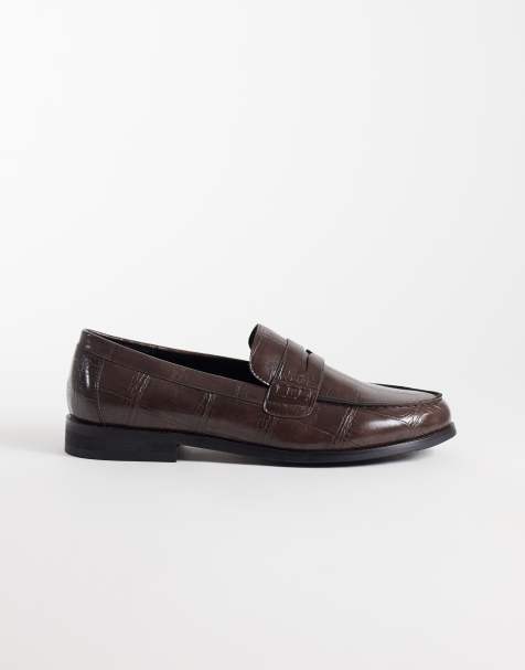 SEQWL Hero croc detail loafers in chocolate brown - view 1
