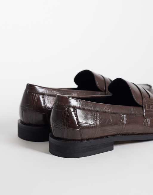SEQWL Hero croc ruched detailing loafers in chocolate brown, 3 of 4