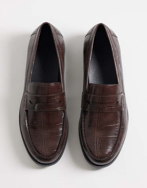SEQWL Hero croc ruched detailing loafers in chocolate brown, 4 of 4