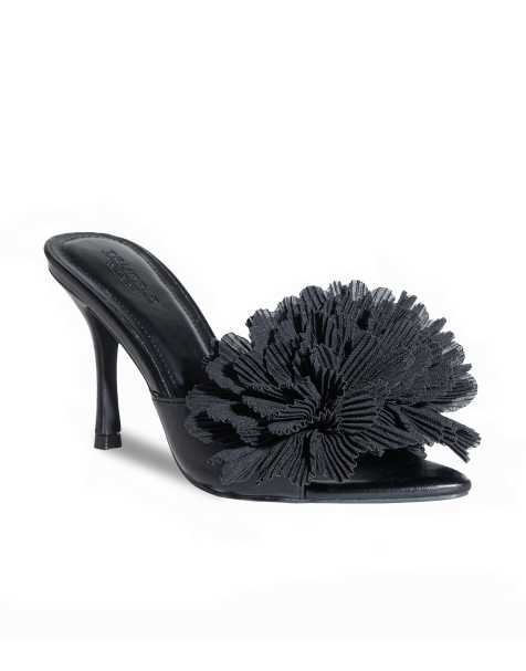 SEQWL High heel pointed toe mules with maxi pom-pom detail in black - view 1