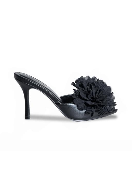 SEQWL High heel pointed toe mules with maxi pom-pom detail in black, 3 of 5