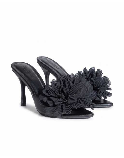SEQWL High heel pointed toe mules with maxi pom-pom detail in black, 5 of 5