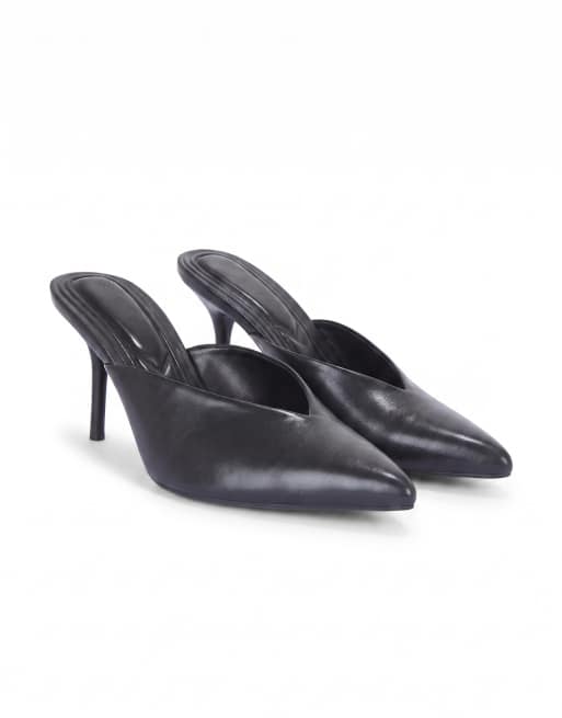 SEQWL High heel slip on mules pointed toe v front shoes in black, 5 of 5